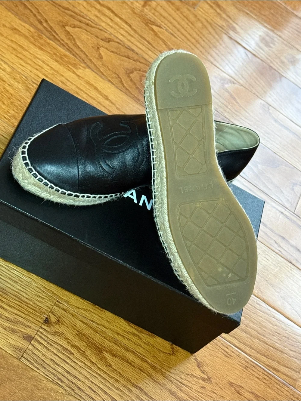 CHANEL Brown Leather Espadrille Flats with Woven Trim